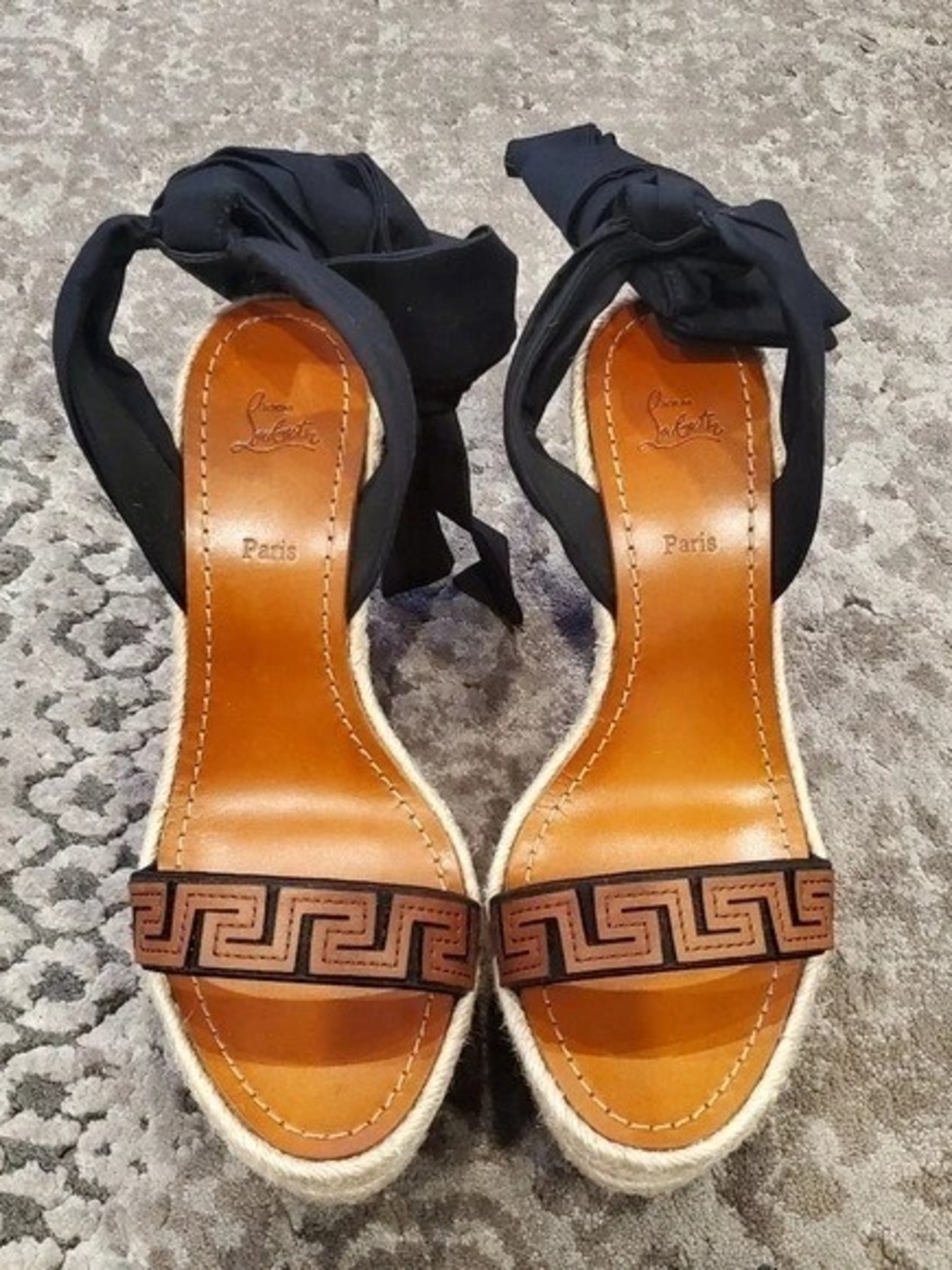 Christian Louboutin Black Ribbon & Brown Pattern Espadrille Wedge Sandals